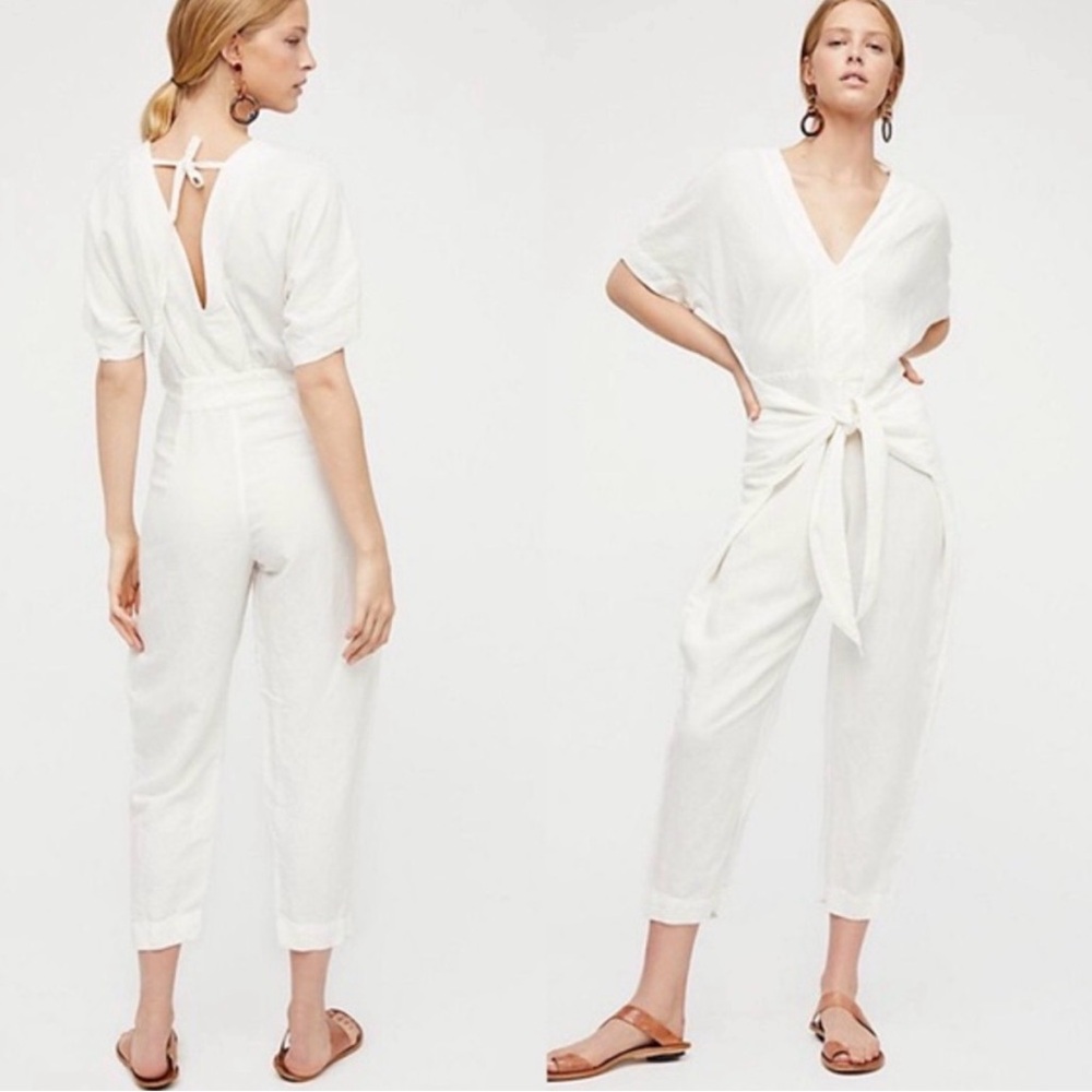 FREE PEOPLE Shining Sun Ivory Linen Blend Tie-Waist Jumpsuit
